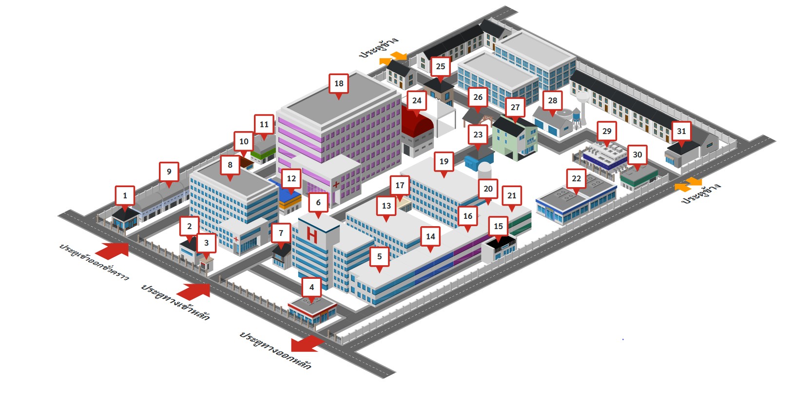 แผนผังบริเวณโรงพยาบาลอุทุมพรพิสัย มุมมอง 3 มิติ พร้อมหมายเลขกำกับอาคาร